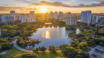 Obraz premium Golden Hour Reflections over Urban Lakes and Parks