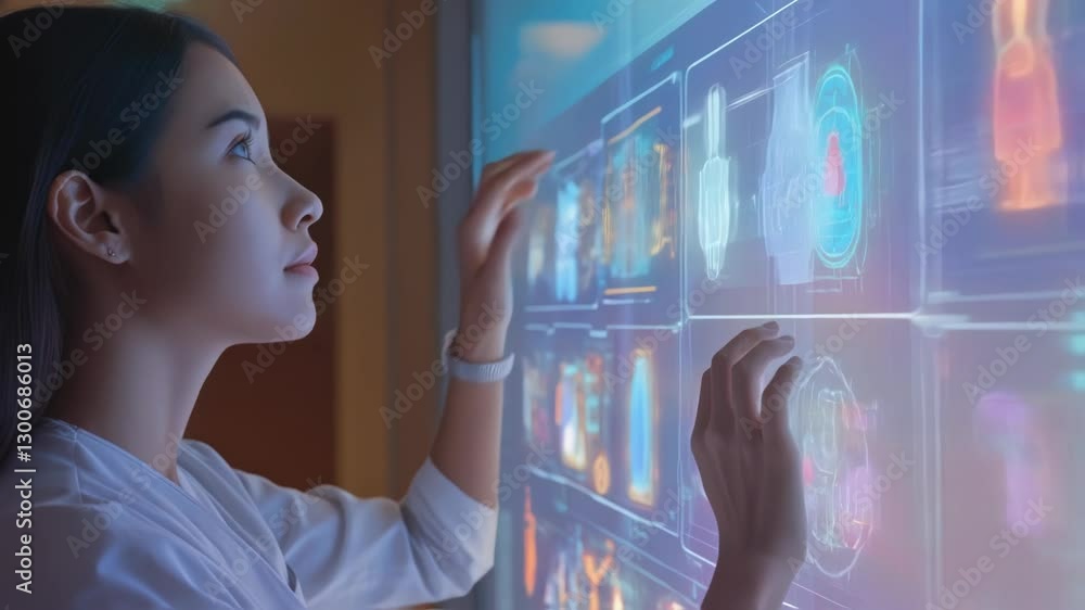 Poster young scientist exploring medical data on a futuristic transparent display, navigating through anato