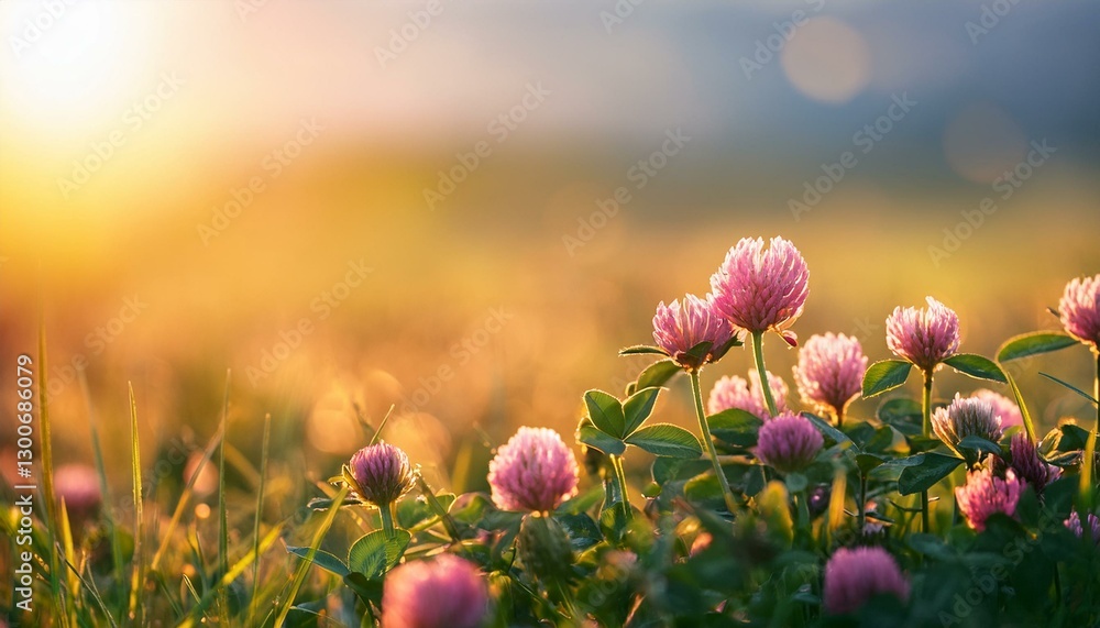Poster clover flower in bloom flowering clover in meadow in spring