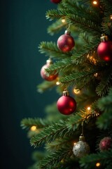 Ornamented evergreen branch with festive ornaments and lights, decorative branches, merry mood