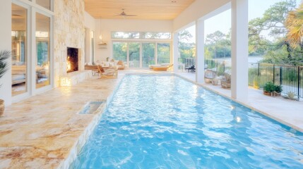 Fototapeta premium Luxury Poolside Haven Modern Home Tranquil Pool Serene View