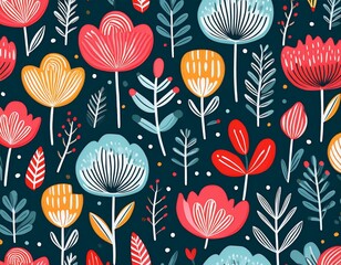 seamless pattern with creative decorative flowers in scandinavian style