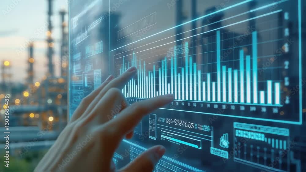 Poster engineer interacts with a futuristic transparent touchscreen. managing and monitoring various aspect