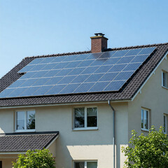 Modern house with blue solar panels on the roof. End of the day, sunset. Idyllic atmosphere