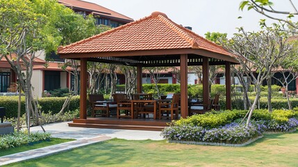 Obraz premium Tropical Wooden Gazebo with Furniture in Garden Setting