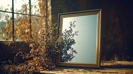 Antique Mirror Reflection  Rustic Still Life  Autumn Plants  Vintage Frame  Elegant Decor
