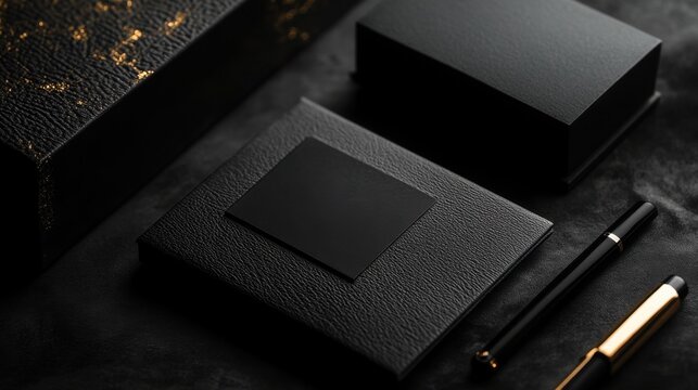 Elegant black stationery mockup with business card, pen and gift box for branding design