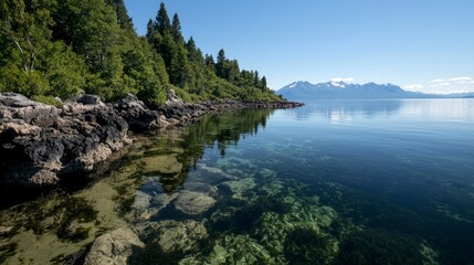 Obraz premium Serene Coastal Landscape Clear Water Rocks Forest Mountains