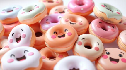 Fototapeta premium Pile of Cute Cartoon Donuts with Faces and Icing Toppings