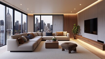 Fototapeta premium Scandinavian urban living room with soft neutral tones, plush seating, wooden accent details, illuminated concrete feature wall, panoramic city skyline