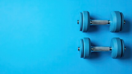 Blue dumbbells on blue background, fitness, workout, health