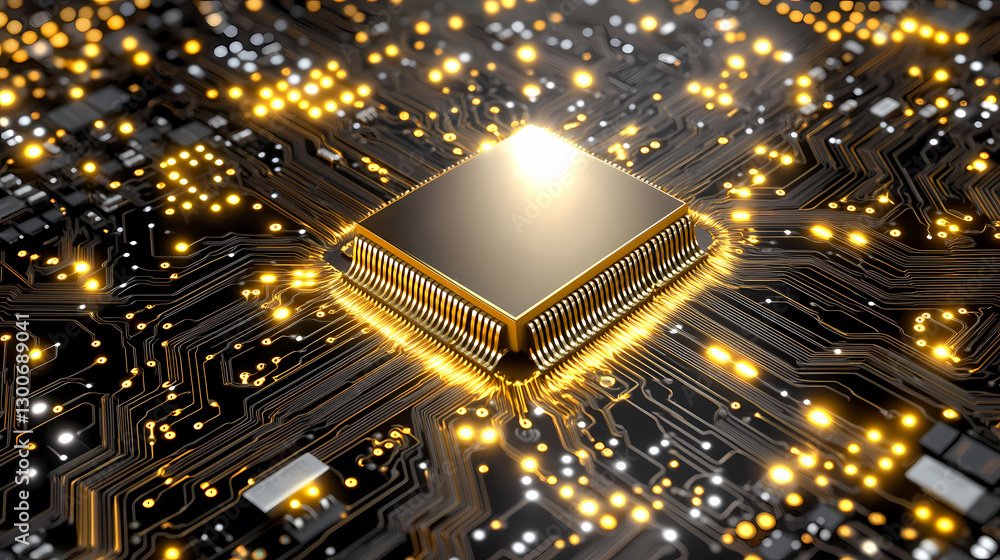 Poster macro shot of circuit board with golden cpu chip