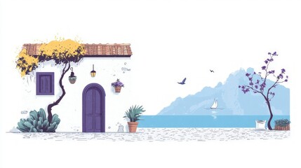 Mediterranean Coastal House Illustration   Sun Drenched Vacation Home  Sea View  Cobblesto