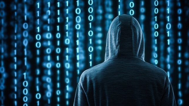 Mysterious figure in hoodie against backdrop of binary code, symbolizing technology and secrecy