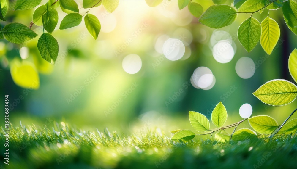 Poster beautiful spring leaves with bokeh lights in the spring forest natural backgound for spring projects
