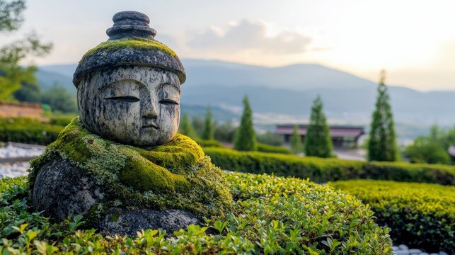 Serene Moss Covered Jizo Statue in Japanese Garden Landscape