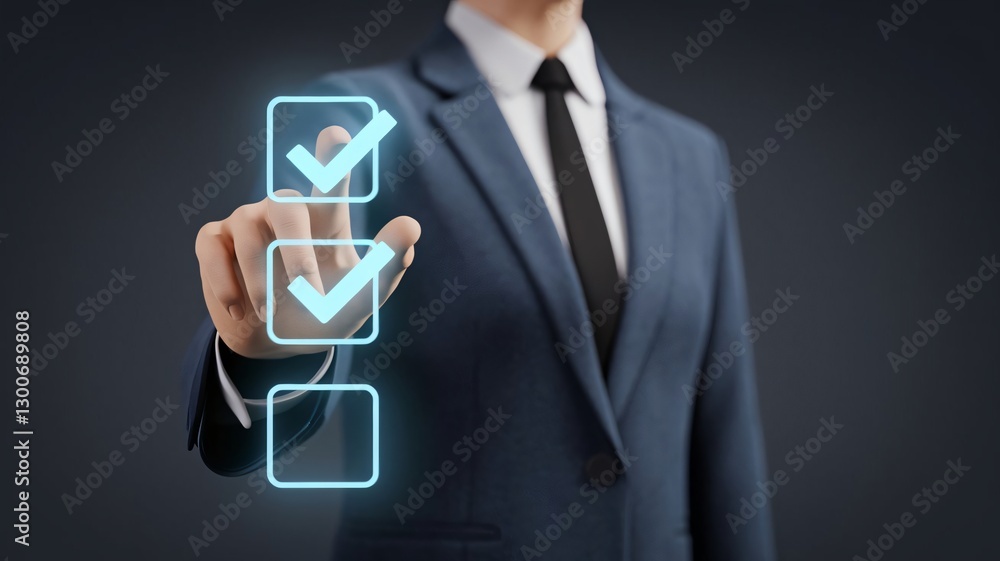 Poster businessperson selecting checkboxes on a futuristic interface checklist task management digital