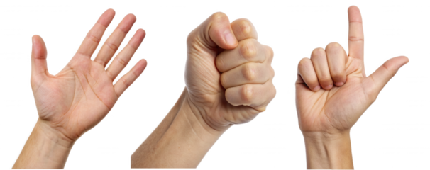 Three hands display different gestures: a thumbs-up, an open hand, and a circle formed by fingers against a transparent background.