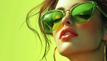 Modern Woman in Green Sunglasses Posing Against Bright Yellow Background