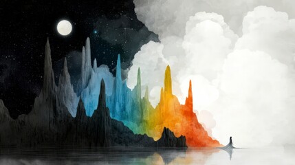 Surreal Landscape  Colorful Mountains  Night Sky  Figure  Dreamlike Scene