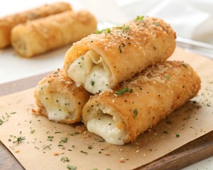 Fototapeta premium crispy golden brown cheese rolls stack