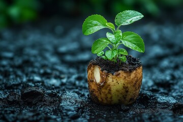 A small green plant sprouts from a decayed apple, symbolizing renewal and the cycle of life. 