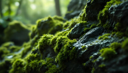 Obraz premium Lush Green Moss Covering Dark Forest Rocks