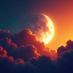 Obraz premium Half moon's silver arc nestled amongst fiery sunset clouds , arc, sunset