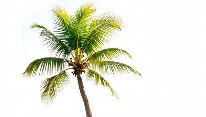 Lush Green Coconut Palm Tree against a Bright White Sky Tropical Vacation Paradise Image