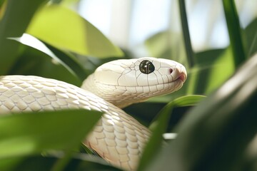 Naklejka premium Graceful white snake blends seamlessly among vibrant green leave