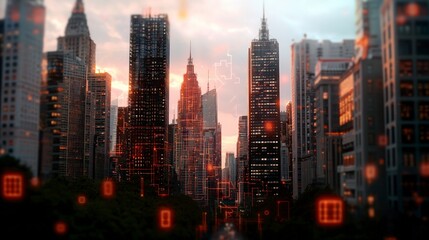 Obraz premium Smart Cityscape AI Digital Network Skyscrapers Sunset