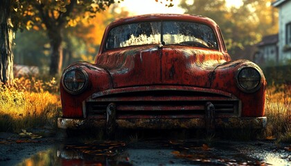 Fototapeta premium Old Rusty Car in Overgrown Nature Setting with Photorealistic Style