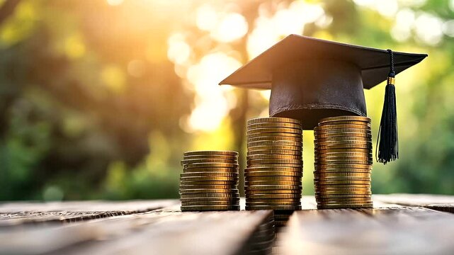 Stacks of gold coins topped with a graduation cap, showcasing the economic investment involved in earning a degree and the financial impact of tuition fees and student debt.