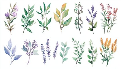 Fototapeta premium Watercolor Illustrations of Various Herbs Including Lavender Rosemary on White Background