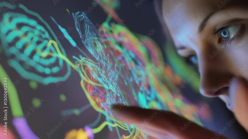 Aufkleber female scientist examines and interacts with a futuristic, interactive touchscreen displaying a vibr
