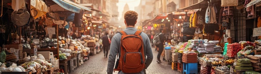 Fototapeta premium Traveler walking through a bustling market in a faraway city, embracing wanderlust and cultural discovery