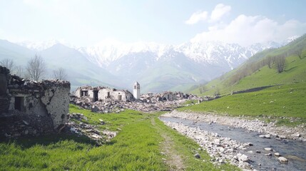 Earthquake Devastation  Mountain Village Ruins  River  Snow capped Peaks