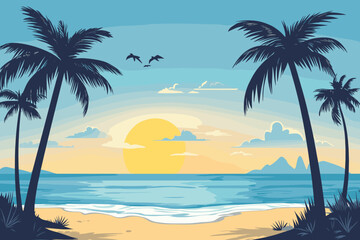 Palm trees silhouettes on tropical summer beach icon for t-shirt, isolated on a white background, Flat style vector illustration, beach with palm trees vintage vector illustration