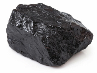 Obraz premium On a white background, lumps of coal are presented, emphasizing their deep black color, irregular shapes, and natural, raw appearance