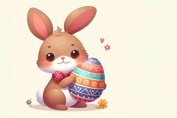 Fototapeta premium Süßes Osterhäschen mit roter Schleife hält ein bunt verziertes Osterei, umgeben von kleinen Blumen, perfekt als fröhliches Osterkartenmotiv. Generative KI