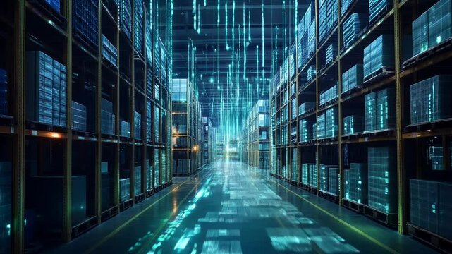 Digital data streaming across advanced warehouse, revealing seamless technological flow and robotic logistics management