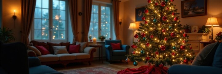 Fototapeta premium A decorated Christmas tree stands tall in a festive room with ornaments and lights, decorations, illuminated, indoor
