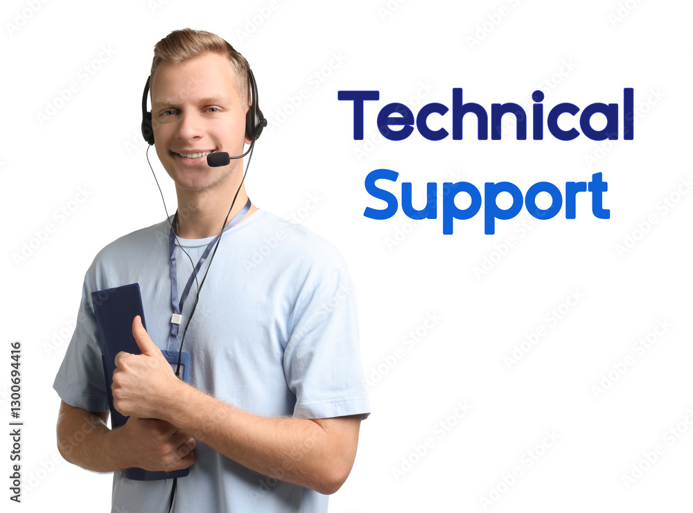 Poster technical support. operator with headset on white background