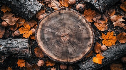 Natural Wood Slice Surrounded by Autumn Leaves