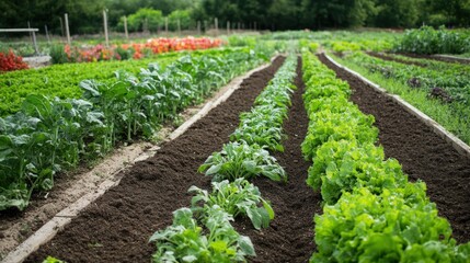 Rows of vibrant green lettuce and other leafy greens thriving in a meticulously maintained garden, showcasing the beauty of organic farming and fresh produce.