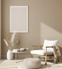 A cozy living room with a white armchair. a round coffee table. and a beige ottoman in front of a beige wall