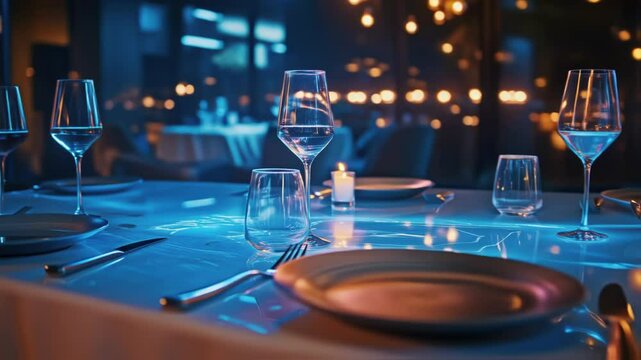 Restaurant table setting with interactive projected lights dynamically changing colors, revealing futuristic dining atmosphere through innovative digital illumination and sophisticated design