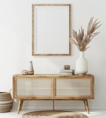 A modern and stylish interior design with a wooden cabinet. a vase with dried pampas grass. a picture frame. and a woven rug