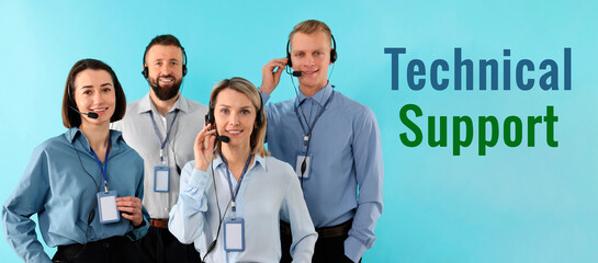Technical support. Operators with headsets on light blue background, banner design