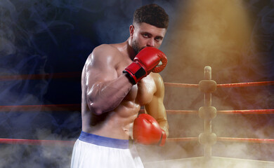 Boxer fighting on boxing ring under spotlight in smoke